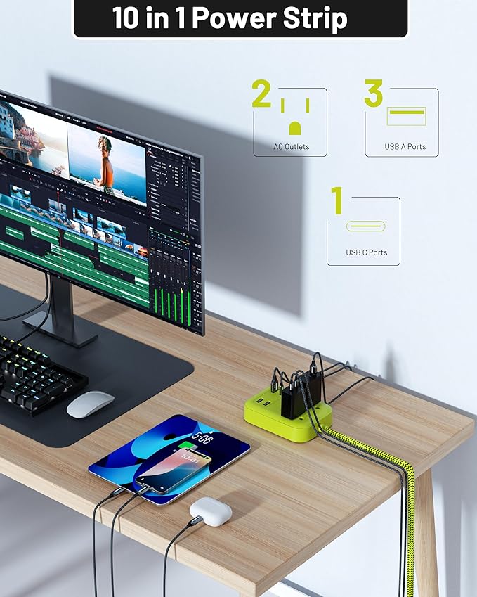 USB Surge Bar 2 Power Strip, with 2 Outlets 4 USB Ports (1 USB C), Multi Plug Outlet Extender with 6Ft Braided Extension Cord, 1700 Joules, Flat Plug Desk USB Charging Station for Home Office