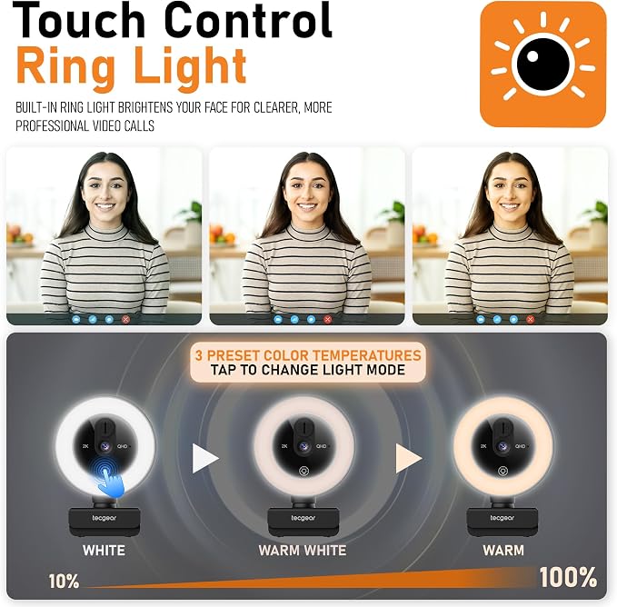 Sentinel GLO 2K Webcam with Light, Microphone, Touch Control, Autofocus, Privacy Shutter & 360° Adjustable | Camera for Computer, Laptop & Mac | USB Video Streaming for Zoom/Skype/Google Meet