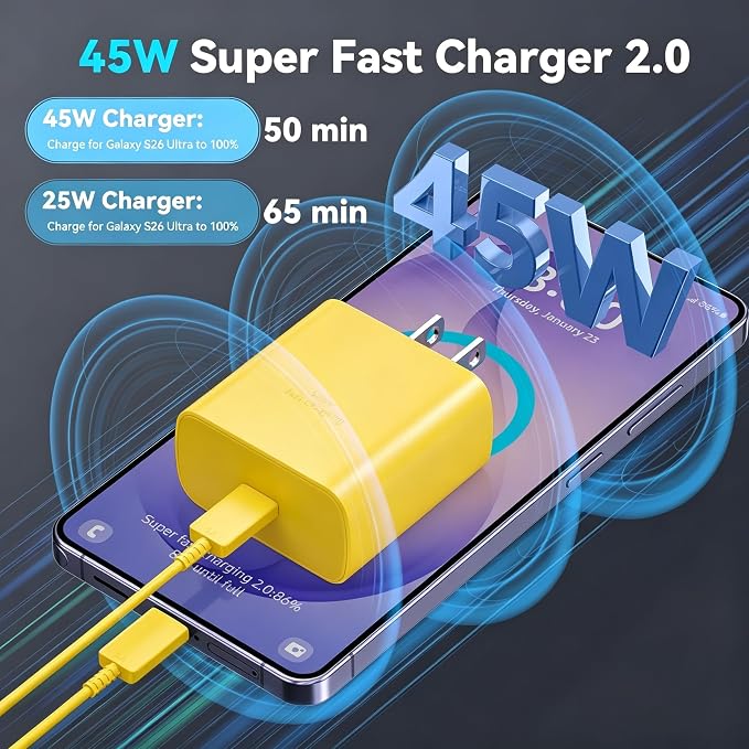 45W Super Fast Charger USB C Android Phone Type C Charger Fast Charging Block with 6.6FT Cord for Samsung Galaxy S26/S26 Ultra/S26+/S25 Ultra/S25/S24 Ultra/S24/S23 Ultra/S22/S21/S20/Note 10, Yellow
