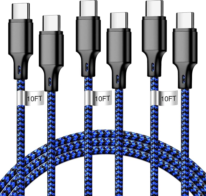 USB C to USB C Charger Cable, 3Pack 10FT Type C Fast Charging Cord Compatible for iPhone 15/16/17/Pro/Max/Plus, iPad Pro Air Ps5 Controller Samsung Galaxy - Black Blue