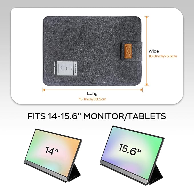 15.6 Inches Portable Monitor Sleeve Case for Sceptre Kado MNN KYY InnoView Yxk ForHelp AYY VisionOwl Yodoit Uperfect ViewSonic, Durable Lightweight Felt Storage Bag, Laptop Screen Extender