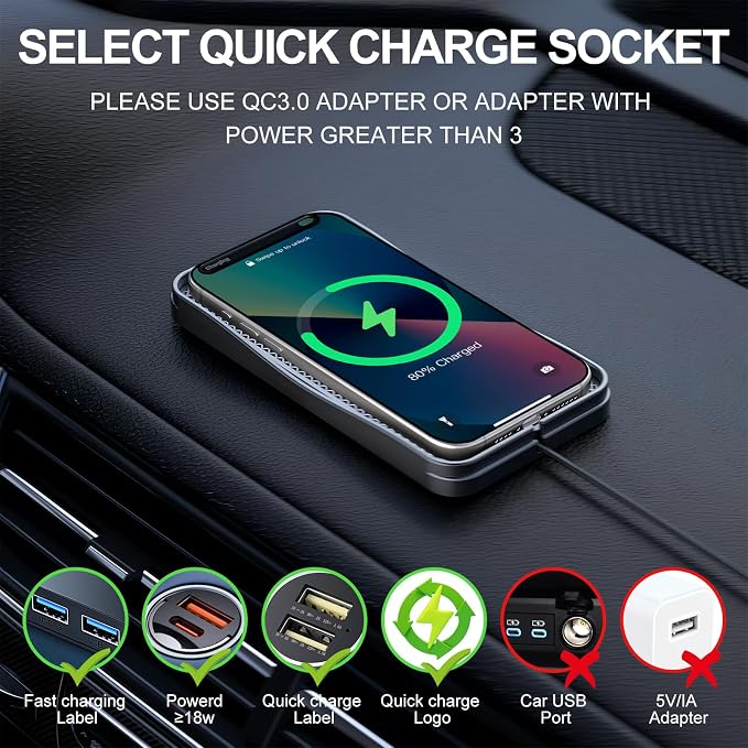 Wireless Car Charger,15W Fast Car Charging Pad, Non-Slip Charging pad Compatible with iPhone17/16/15/14/13/12, Samsung Galaxy S25-S9, Android Phones (20W Adapter)