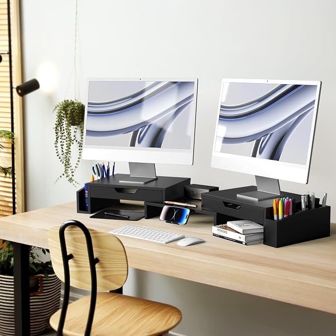 Simple Houseware Desk Dual Monitor Stand Riser with Pull-Out Drawers, Black