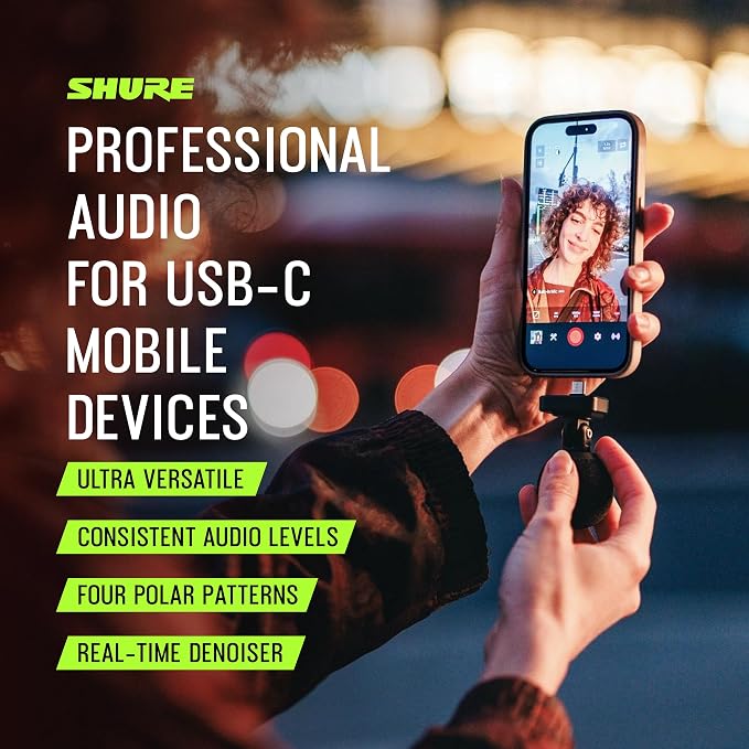 Shure MV88 USB-C Microphone for Mobile Recording, Portable Mic for Vlogging with Auto Level Mode, Real-Time Denoiser for Smart Noise Cancelling & 4 Polar Patterns, Black