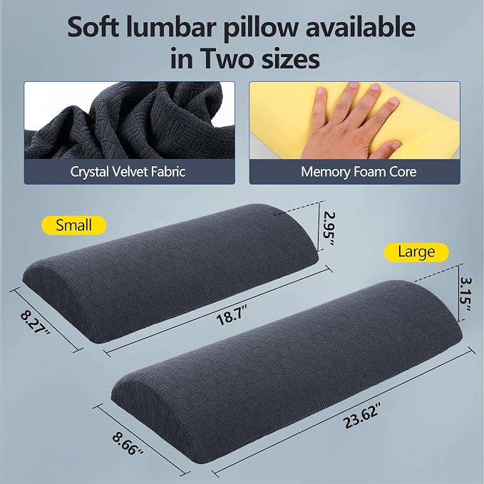 Cozyhealth - 3.15"H*23.6"L - Soft Lumbar Pillow for Sleeping, Memory Foam Back Lumbar Support Cushion for Lower Back Pain Relief Bed Waist Sleep Support Pillow for Side, Back Sleeper(Dark Grey, Large)