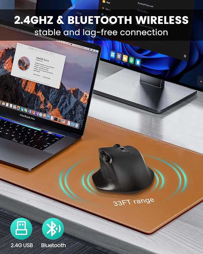 XUANGUI Wireless Ergonomic Mouse Comfortable Bluetooth Cordless Mice, Max 4800 DPI Ergo Witeless Mose with Side Buttons and USB Dongle, Battery Powered, Blue Tooth / 2.4G for Computer Laptop Macbook