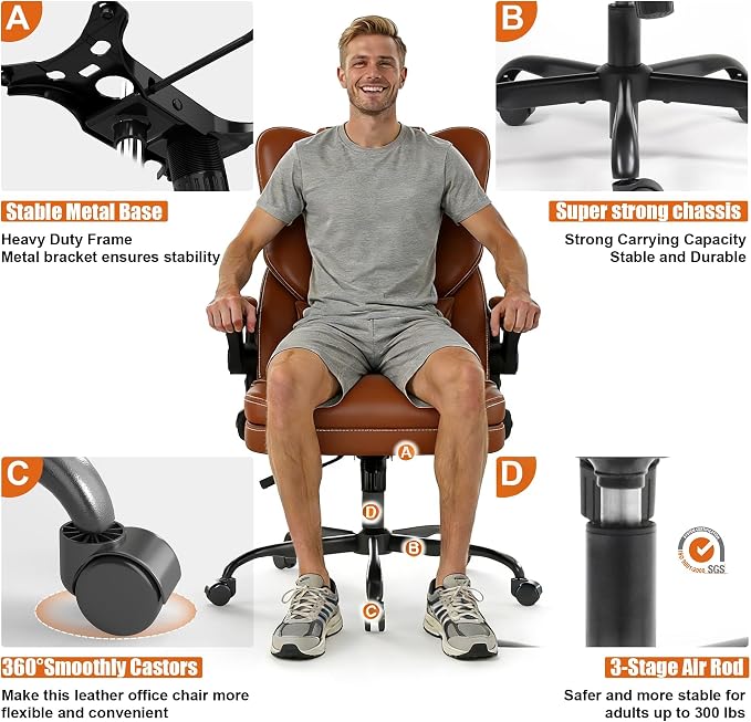 Ergonomic Office Chair with Flip-up Armrests, 300lbs Mid Back Computer Office Desk Chair with Lumbar Support, Executive Leather Chair with Rocking Function Adjustable Height for Home Office