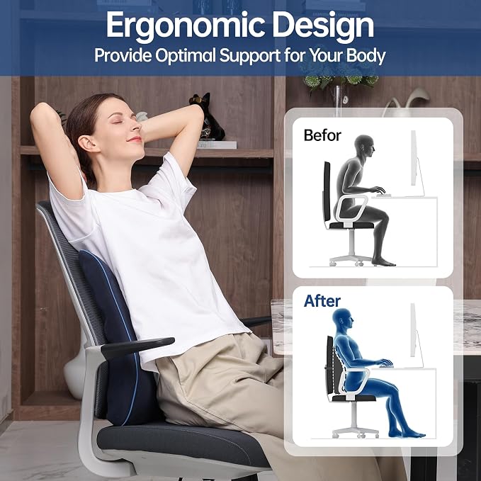 Lumbar Support Pillow for Office Chair Car Seat Gaming Chair, Memory Foam Back Support Pillow, Lumbar Cushion Back Cushion for Lower Back Pain Relief, Adjustable Strap Washable Cover-Navy Blue