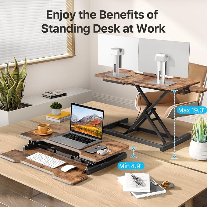 Standing Desk Converter 32 inch, Height Adjustable Sit Stand Desk Riser, Quick Sit to Stand Desktop Dual Monitor Riser Workstation for Home Office with Keyboard Tray, Rustic Brown