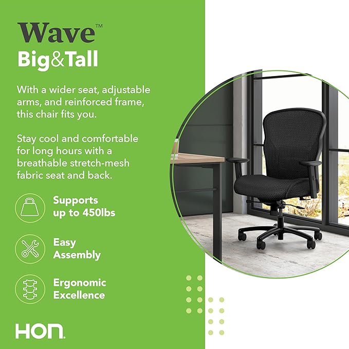 HON Wave Big and Tall Ergonomic Mesh Office Chair with Adjustable Arms and Lumbar Support, Heavy‑Duty Tilt Recline and Swivel Wheels, Desk and Computer Chair for Home Office, 450 lb. Capacity, Black