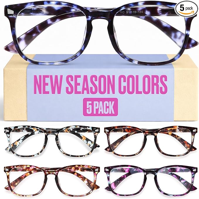 CCVOO +3.0 Clear Vision Reading Glasses for Women – 5-Pack Blue Light Filtering Readers with Spring Hinges