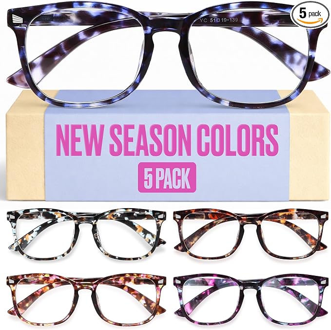 CCVOO +1.0 Clear Vision Reading Glasses for Women – 5-Pack Blue Light Filtering Readers with Spring Hinges