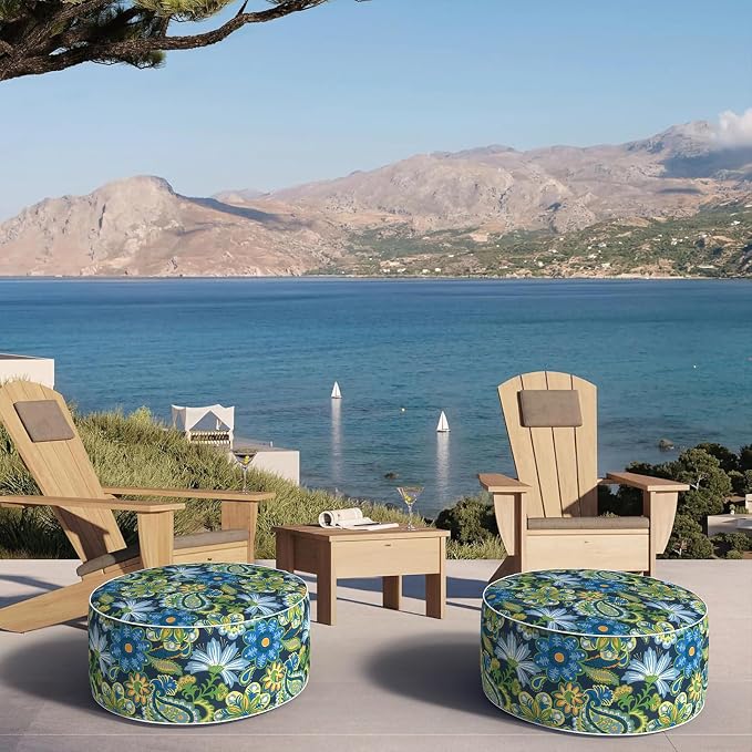 DYTXIII Inflatable Ottoman Stool D21 xH9 for Outdoor/Indoor Use, Water Repellent Patio Foot Rest with Portable Handle,Round Pouf Ottoman Suitable for Garden,Deck and Camping-Flower Child