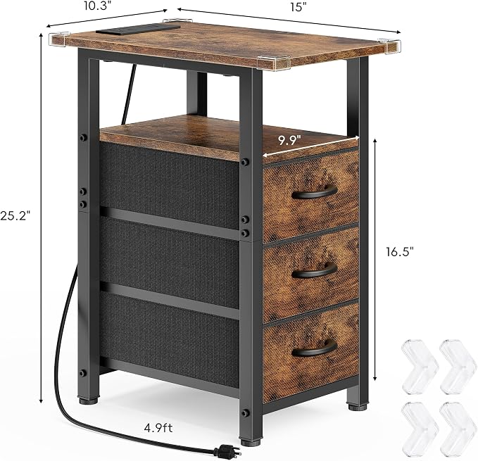 Vagusicc Set of 2 Night Stand with Charging Station, Narrow Nightstand with U-S-B Ports and Outlets, Small Night Stand 3 Fabric Storage Drawers, Small Bedside Table, Rustic Brown