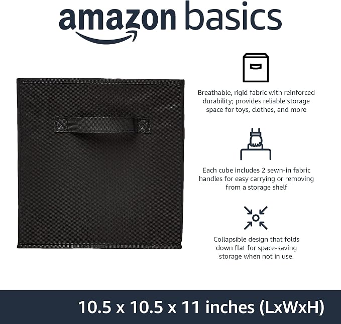 Amazon Basics Collapsible Fabric Storage Bins Organizer with Handles, Sturdy, Foldable, 10.5" x 10.5" x 11", Black, 6-Pack