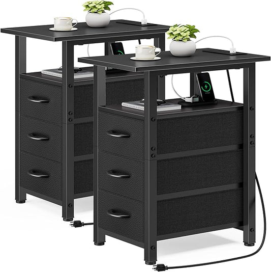 Vagusicc Black End Table with Charging Station Set of 2, Narrow Side Table, Narrow Nightstand with 3 Fabric Drawers, Slim Sofa Side Table for Small Spaces, Small Night Stand for Bedroom, Black