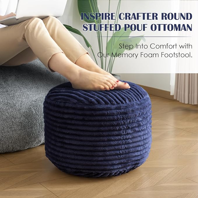 Round Ottoman,Corduroy Pouf Ottoman Foot Rest,Storage Footstool for Living Room,18x14 Soft Floor Poufs,Memory Foam Filling - Navy, 18x14 in