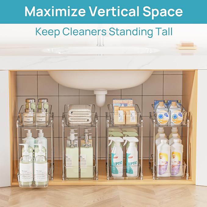 Vtopmart 4 Pack Higher Bathroom Organizer, 2 Tier White Under Sink Organizers Vanity Countertop Storage Container,Cabinet Drawers Bins, Pull-Out Organization with Track for Pantry, Kitchen