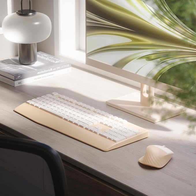 MPTOG Ergonomic Keyboard and Mouse Combo with Wrist Rest, BK Chipset, Full-Size Colorful Office Keyboard and Mouse, Power Button, USB Receiver for PC Laptop (Khaki White)