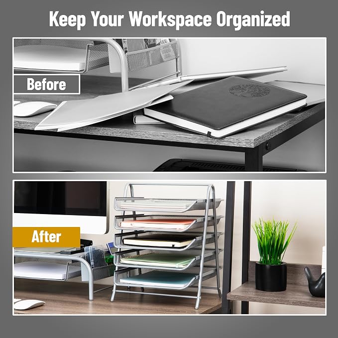 Mind Reader 5-Tier Paper Tray Organizer, Vertical Desktop File Storage Rack, Office, Metal Mesh, Silver