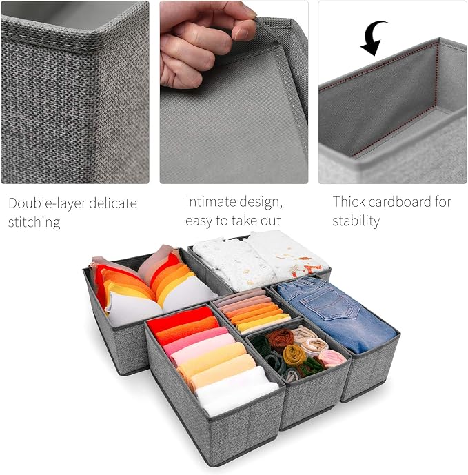 Criusia Foldable Underwear Drawer Organizer, Closet Dividers, Storage Box for Clothes, Socks (6 Bins, Gray) (Pack of 2)