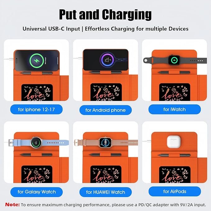 Foldable Wireless Charging Mouse Pad with LCD Writing Tablet,15W Qi Magnetic Fast Charging Mouse Mat,Multi-functional PU Leather Charging Pad for iPhone Samsung iWatch,Portable Office Home Accessories
