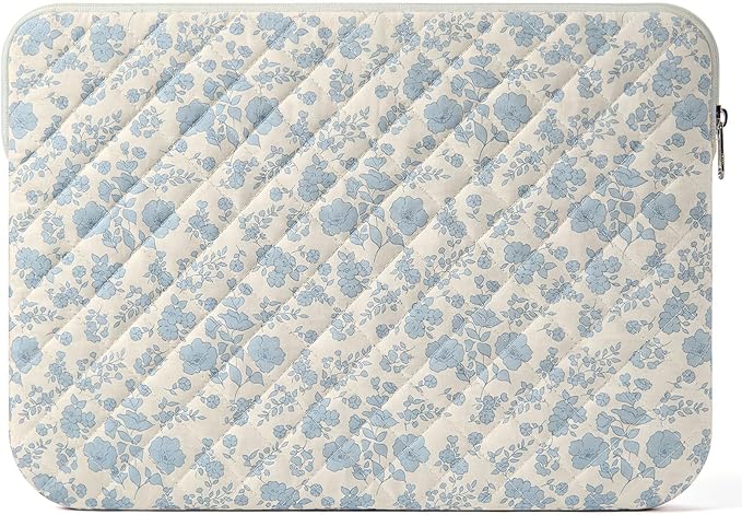 13-14 inch Cotton Quilted Laptop Sleeve for Women, Aesthetic Puffy Laptop Case Carrying Bag Compatible with MacBook Air/Pro 13/Pro 14, Soft Computer Liner Bag (Blue Floral, 13.3 inch)