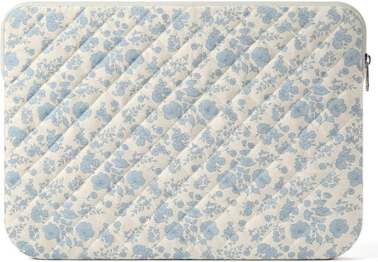 13-14 inch Cotton Quilted Laptop Sleeve for Women, Aesthetic Puffy Laptop Case Carrying Bag Compatible with MacBook Air/Pro 13/Pro 14, Soft Computer Liner Bag (Blue Floral, 13.3 inch)