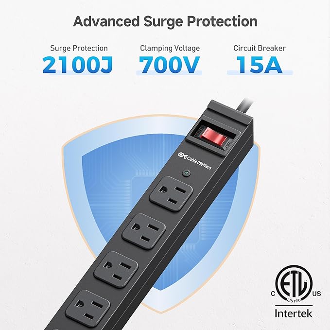 [ETL Certified] Cable Matters Wall-Mountable 12 Outlet Power Strip - 8ft Cord, Metal, 2100J Surge Protector with 15A Circuit Breaker, Industrial Power Strip Surge Protector for Garage, Workshop, Black