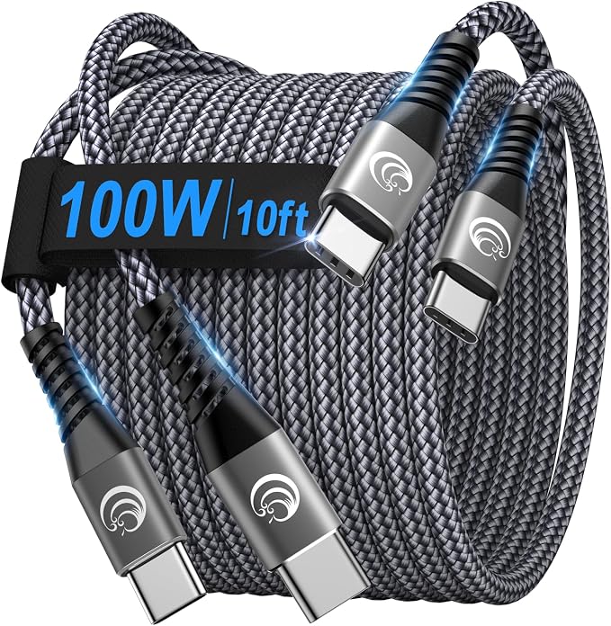 USBC to USBC 100W [10ft/2 Pack] USB C to USB C Fast Charging Cable Braided C to C Charger Cord for MacBook Pro/Air, iPhone 16 15 Pro Max Plus,iPad Pro,Samsung Galaxy S25 Ultra S24 S23,Pixel,PS5,Switch