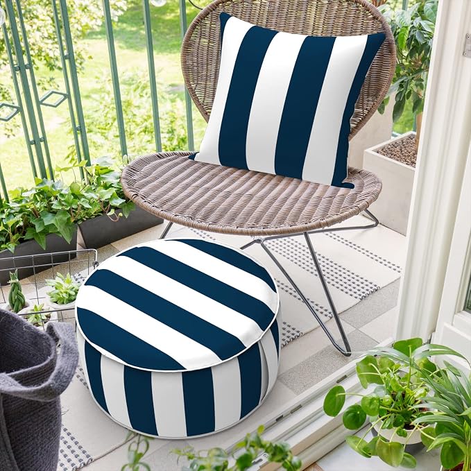 DYTXIII Inflatable Ottoman Stool D21 xH9 for Outdoor/Indoor Use, Water Repellent Patio Foot Rest Stool with Portable Handle,Round Pouf Ottoman Suitable for Garden,Deck and Camping - Cabana Navy
