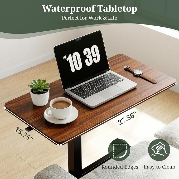 Mobile Standing Desk, Adjustable Height Desk with Hidden Casters, Portable Laptop Computer Table with Rolling Wheels, for Sit Stand Workstation, Compact and Sturdy for Home, Office, Dorm, Brown