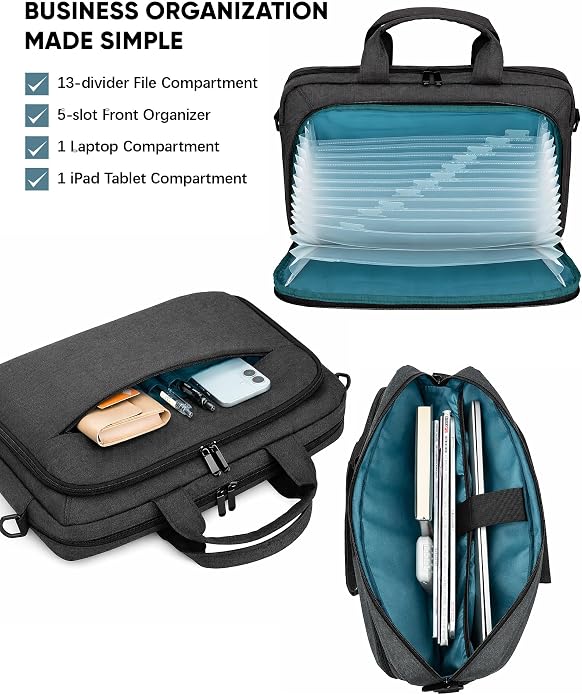 Bulado Laptop Bag with File Organizer, Water-Resistant Laptop Case, 15.6 Inch Multi-Compartment Work Bag for Men and Women, Carry-On for Business Commute Work Travel Trip