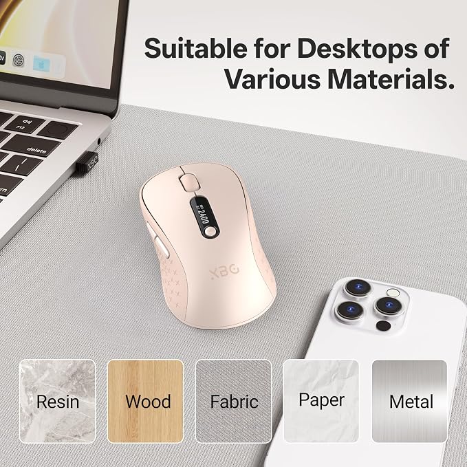 XBG B15pro Wireless Bluetooth Mouse, Bluetooth 5.0/4.0 & 2.4G Tri-Mode, Type-C Rechargeable with LED Screen Display, Ergonomic Silent Click for Laptop/PC/Tablet, Multi-Device & Office Use-Pink
