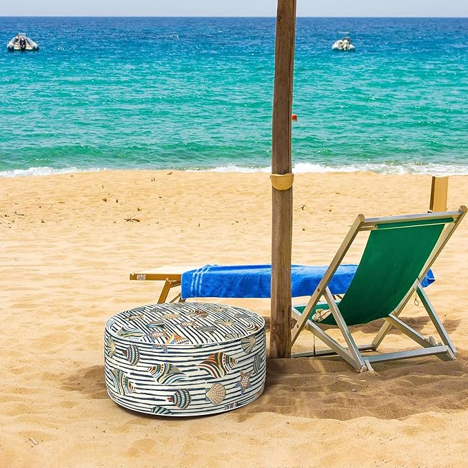 DYTXIII Inflatable Ottoman Stool D21 xH9 for Outdoor/Indoor Use, Water Repellent Patio Foot Rest with Portable Handle,Round Pouf Ottoman Suitable for Garden,Deck and Camping-Crayon Shells