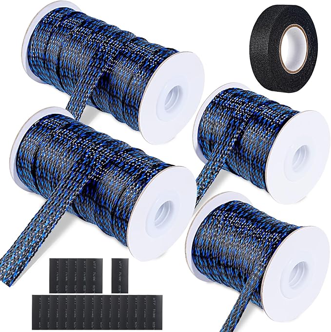 132 ft Expandable Braided Cable Sleeve Wire Loom PET Wire Sleeving，Wrap Management Mesh for Audio Video and Other Home Device Cable Automotive Wire - (1/2 Inch, 1/4 Inch, 3/8 Inch,3/4 Inch,Blue)