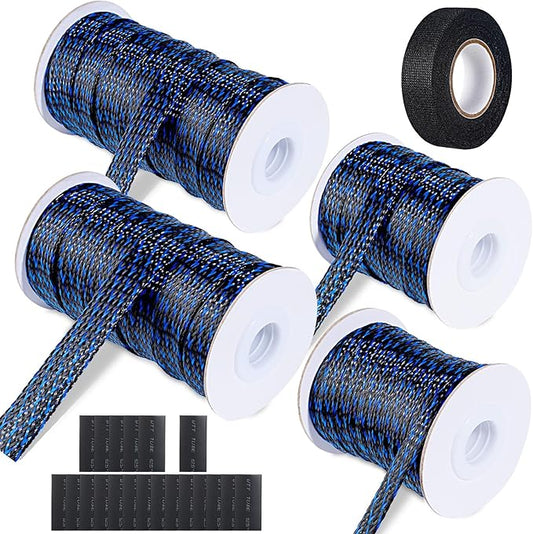 132 ft Expandable Braided Cable Sleeve Wire Loom PET Wire Sleeving，Wrap Management Mesh for Audio Video and Other Home Device Cable Automotive Wire - (1/2 Inch, 1/4 Inch, 3/8 Inch,3/4 Inch,Blue)