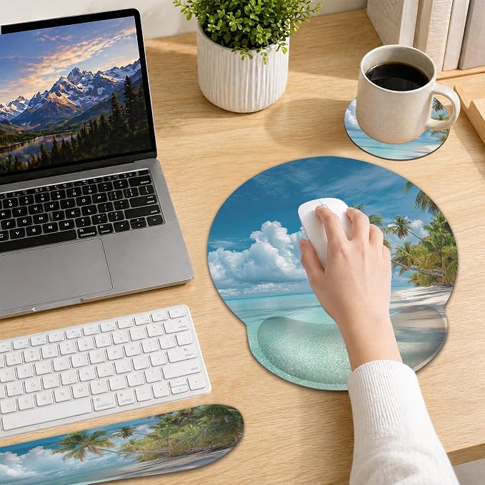Wrist Rest Support for Mouse Pad Keyboard Set, Hawaii Beach Palm Tree Mouse Pad with Non Slip Rubber Base for Home and Office Typing Support