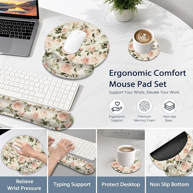 Pink Roses Keyboard Wrist Rest Pad Ergonomic Mouse Pad Set,Vintage 3 in 1 Memory Foam Mouse Pad with Non Slip Base for Office and Home