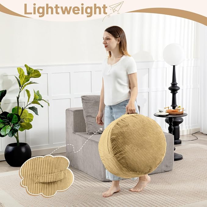 Round Stuffed Pouf Ottoman,Corduroy Foot Rest with Rebound Foam Filled, Furry and Fluffy Foot Stool Ottoman, Floor Poufs for Living Room (Yellow, 26" D x 26" W x 18" H)