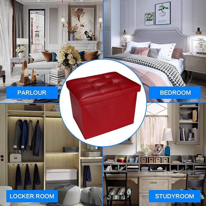 Bsketa Storage Ottoman, Folding Foot Stool with Thicker Foam Padded Seat Small Leather Storage Ottoman Bench Foot Rest for Living Room Foldable Coffee Table 17x13x13in,Red