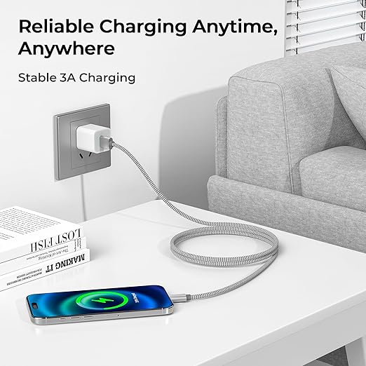 Basesailor for iPhone 17 16 Pro Max Charger Cord,USB to USB C Cable,Type C Charging Power Cord for Apple 17e 15 iPad 10 Air 4 5,Samsung Galaxy S26 S25 S24 S23,Silver,2Pack 1FT(0.3M)