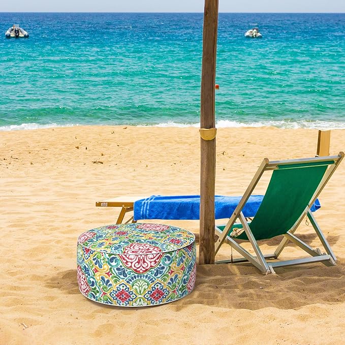 DYTXIII Inflatable Ottoman Stool D21 xH9 for Outdoor/Indoor Use, Water Repellent Patio Foot Rest Stool with Portable Handle,Round Pouf Ottoman Suitable for Garden,Deck and Camping - Damask Red