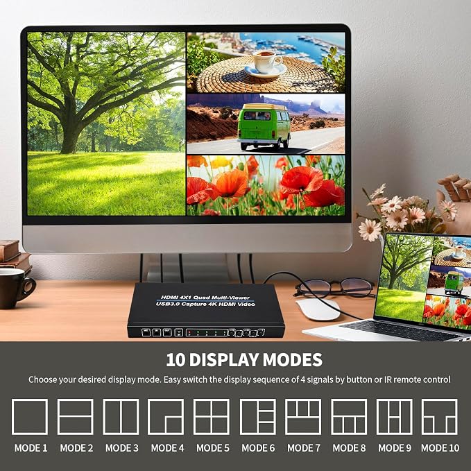 4K HDMI 4X1 Multiviewer with PIP USB3.0 Video Capture SIGRAPID Screen Divider 4 HDMI in 1HDMI and 1USB3.0 Video Capture Out Seamless Switch Display Supports IR/MC/Audio 4K@30Hz(YUV) 10 View Modes etc.