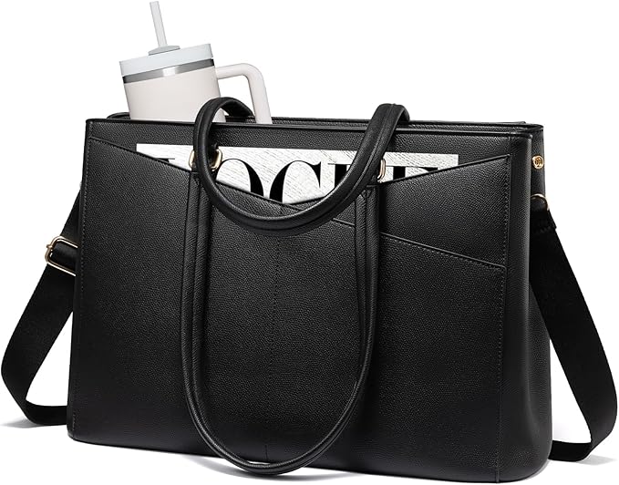 LOVEVOOK Laptop Tote Bag for Women 15.6 Inch Leather Work Bags with Large Cup Holder for Teacher Work Business,Black