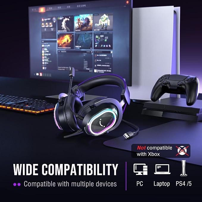 FIFINE Wired Gaming Headsets: 7.1 Surround Sound - Vibrant Customizable RGB - Game/Chat Balance, USB Gamer Headphones with Noise Canceling Microphone for PC, PS5/PS4, Laptop, Mac - AmpliGame H13BP