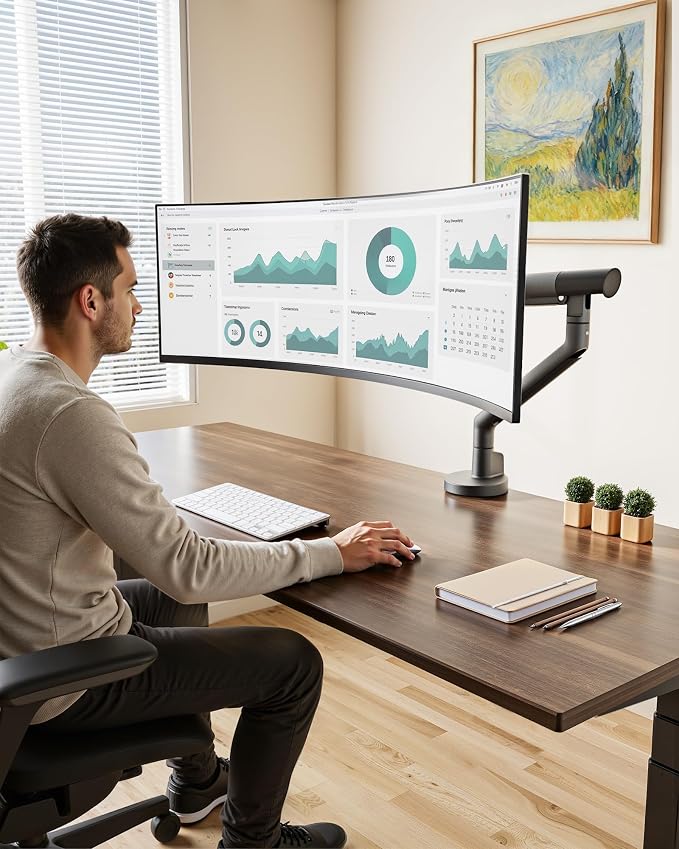 monTEK Heavy Duty Single Monitor Arm for 17-40 Inch Screens, Full Motion Monitor Mount Up to 26.4 lbs, Aluminum Monitor Stand with VESA 75/100mm, C-Clamp/Grommet Base for Curved Screens, Gray