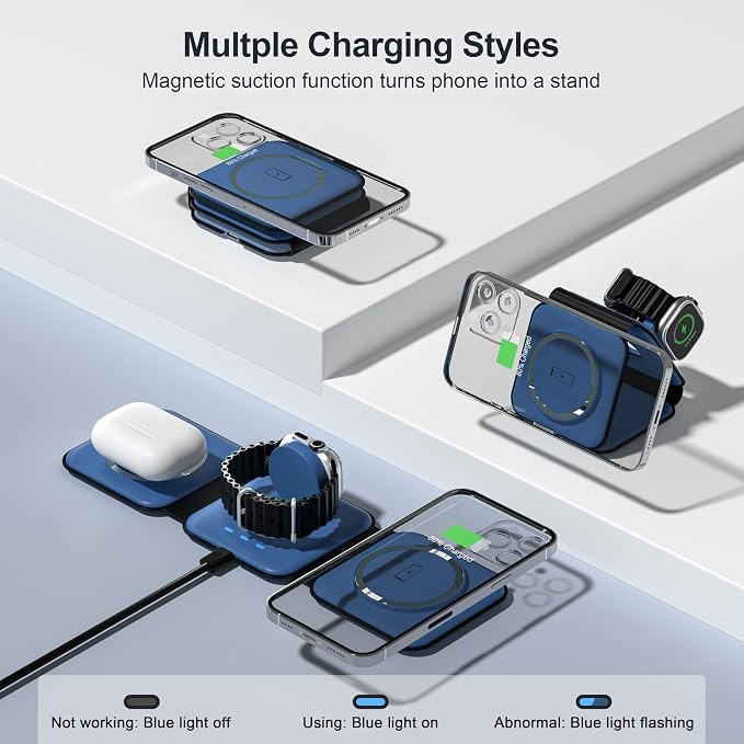 3 in 1 Charging Station for Multple Devices,Foldable 3 in 1 Wireless Charger for Travel,Nano Wireless Charging Station for iPhone16 15 14 13 12 Pro Max/Watch 10 9 8 7 6 5 4 3 Ultra/AirPod Pro