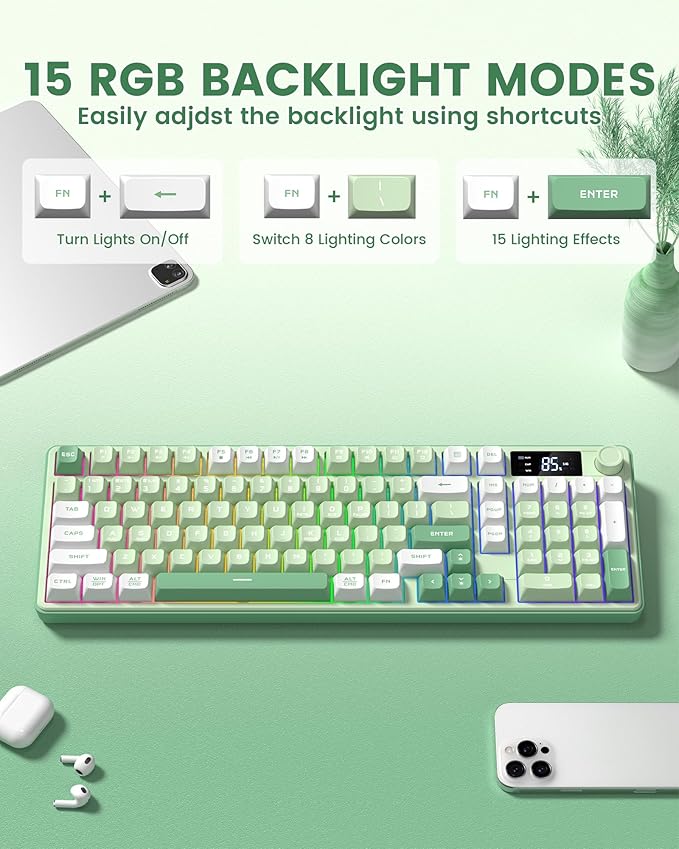 Keymatic Gaming Keyboard Wireless Creamy Keyboard with Media Knob & Screen Cute Keyboard Mechanical Feeling Membrane Keyboard with Number Pad RGB Backlit Tri-Mode BT/2.4GHz/USB-C - Green