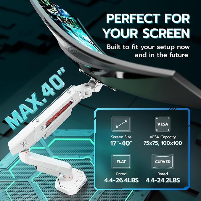 ARES WING Heavy Duty Single Monitor Arm, Fully Adjustable Single Monitor Mount for 17-40 Inch Flat Curved Ultrawide Screens Up to 26.5lbs with USB A/C, C-Clamp & Grommet Base, 75/100 Vesa Mount, White